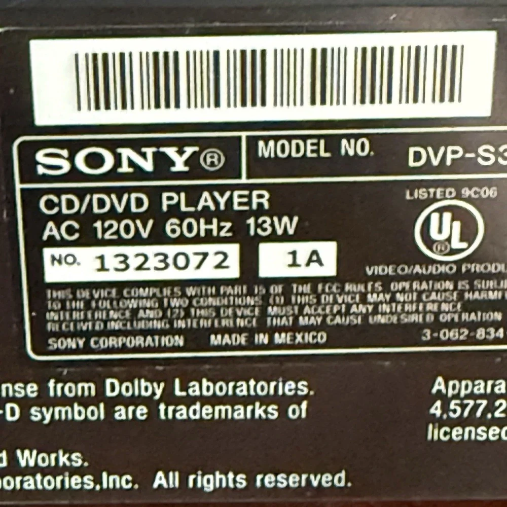 Sony DVP-S360 CD DVD Player w/ Remote RCA Cables Tested Working Dolby